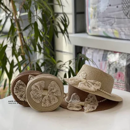 ست کلاه و کیف حصیری پاپیونی مرواریدی