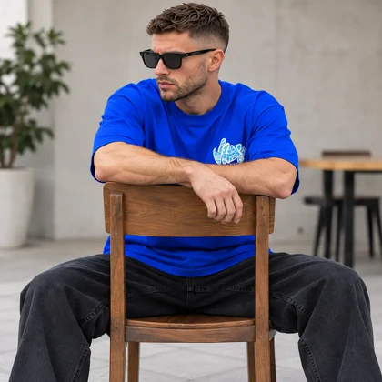 تیشرت مردانه باکسی نخ پنبه طرح گرافیکی Vibe آبی پرسیسکا