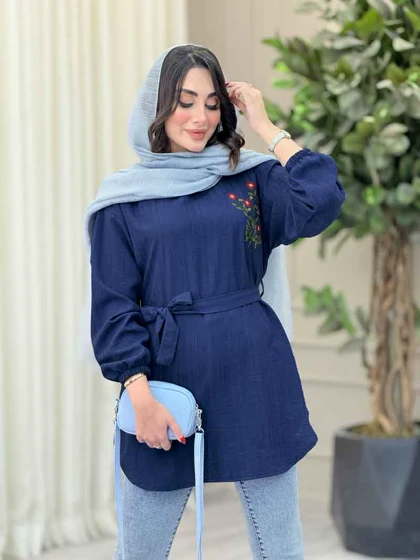 مانتو گلدوزی جلوبسته کمردار