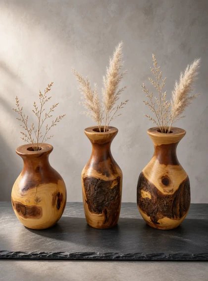 گلدان سه عددی نقش برجسته چوبی