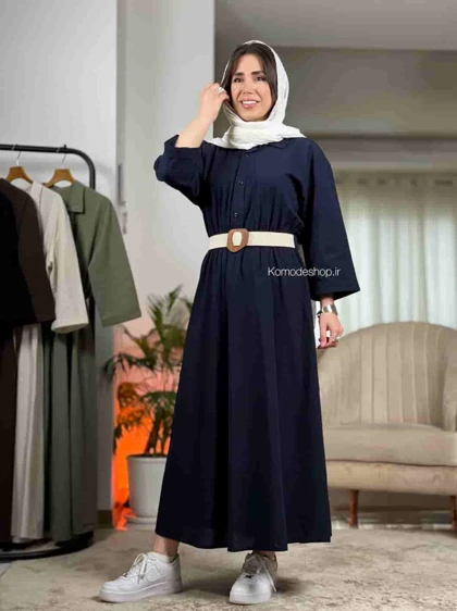پیراهن لینن بلند زنانه کمربندار