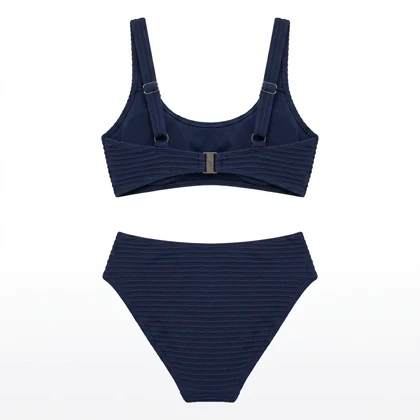 بیکینی دوتکه Cupshe مدل Ribbed V-Neck - رنگ سرمه‌ای (Navy) با پارچه کبریتی