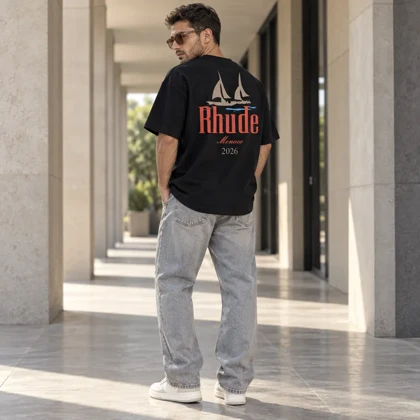 تیشرت مردانه باکسی نخ پنبه طرح قایق بادبانی Rhude Monaco مشکی پرسیسکا