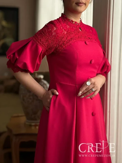 پیراهن میدی بالاتنه گیپور آستین پفی