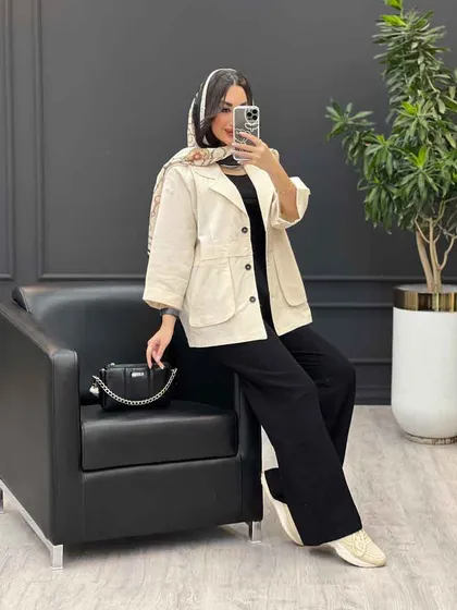 مانتو لینن دو جیب کمر ژیله دار