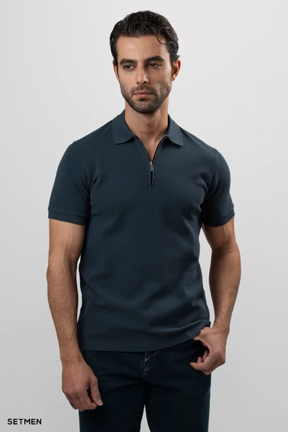 تیشرت یقه نیم زیپ سوزنی ساده