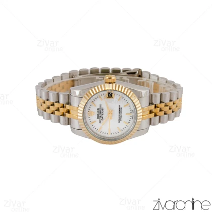 ساعت رولکس دیت جاست زنانه دورنگ طلایی صفحه سفید صدفی 105209