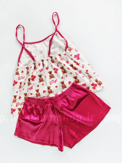 ست لباس خواب تاپ و شورتک ساتن طرح خرس و بادکنک