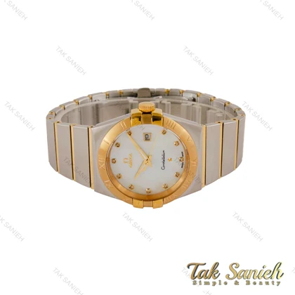 ساعت امگا کانسلیشن مردانه دورنگ طلایی صفحه سفید صدفی ایندکس نگین Omega-5158-G