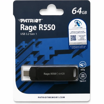 فلش مموری دو طرفه پاتریوت مدل Rage R550 ظرفیت 64 گیگابایت USB3.2