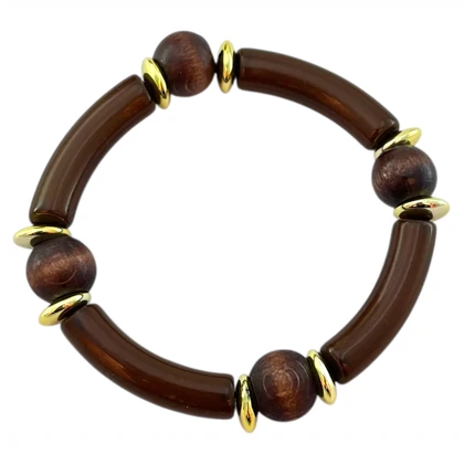 دستبند زنانه بنگل با بافت رزینی و مهره چوبی با فینیش طلایی مدل وودلیرا