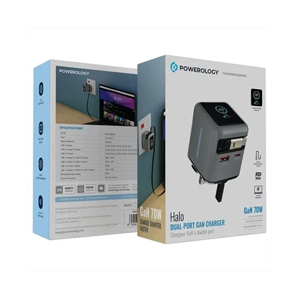 شارژر دیواری 70W پاورولوژی مدل POWEROLOGY HALO CHARGER WITH RETRACTABLE CABLE PWCUQC051
