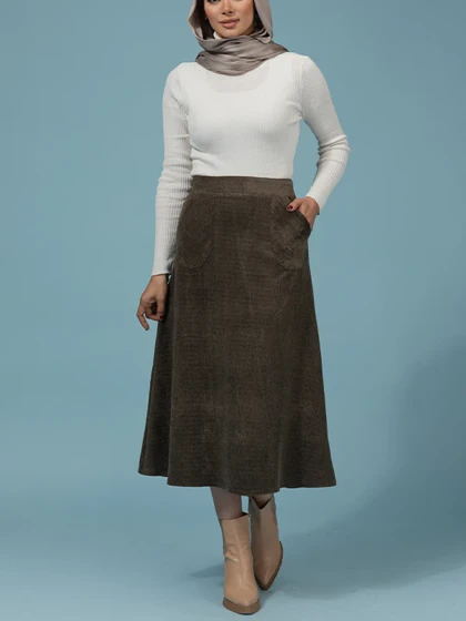 دامن زنانه مخمل کله قندی میدی جیب‌دار 20108