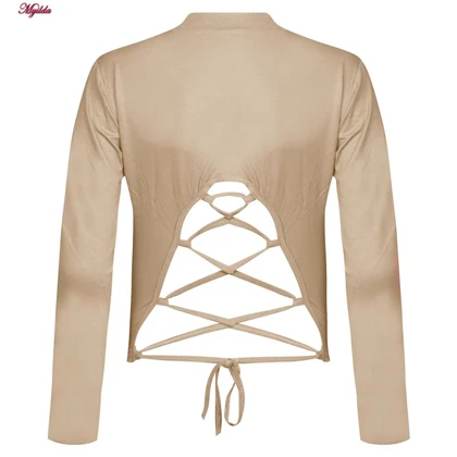 کراپ تیشرت آستین بلند زنانه مدل پشت بندی رنگ کرم کد 5228-609P
