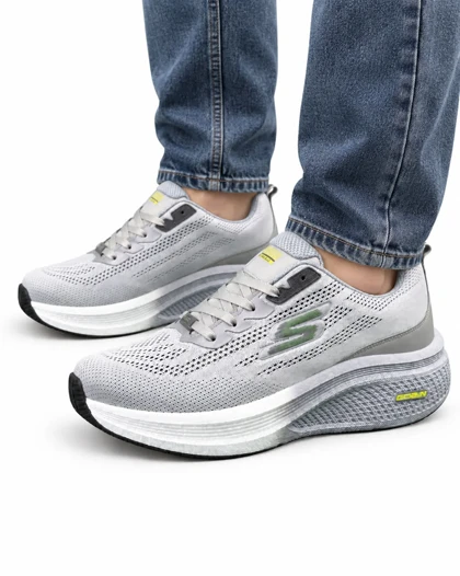 کفش کتانی بزرگ پا اسکیچرز رانینگ زیره بست طوسی روشن SKECHERS