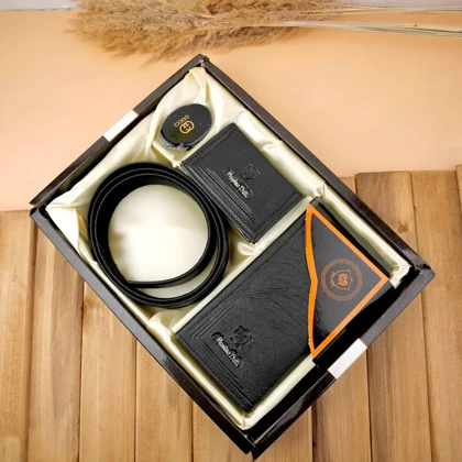 ست چهار تکه کیف پول کمربند و جاکارتی مردانه چرمی massimo dutti 106-4