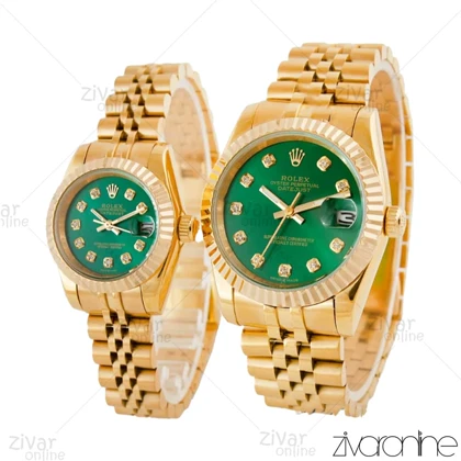 ست ساعت رولکس دیت جاست طلایی صفحه سبز ایندکس نگین‌دار 104518