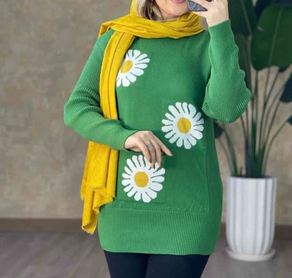 تونیک بافت زنانه طرح گل بابونه آستین بلند یقه گرد کد 1210