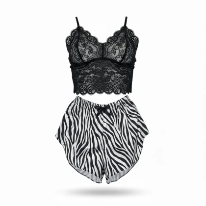 ست نیم‌تنه گیپور و شلوارک طرح زبرا 012