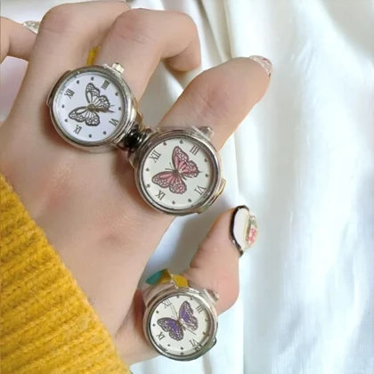 ساعت انگشتری زنانه بند کشی استیل طرح پروانه مشکی