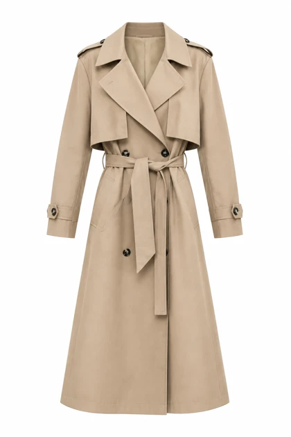 ترنچ‌کت بلند زنانه – کمربنددار بژ کلاسیک (Long Beige Trench Coat)