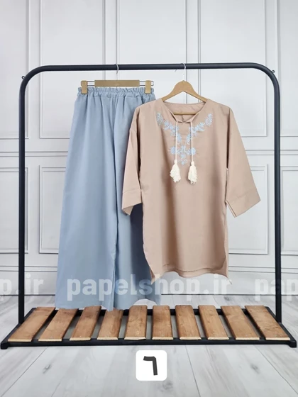 ست تونیک و شلوار لینن یقه گلدوزی