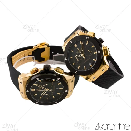 ست ساعت هابلوت کلاسیک فیوژن سه موتوره مشکی طلایی بند رابر 102224