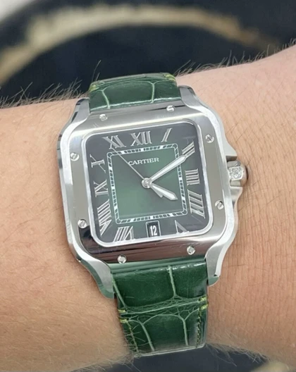 ساعت کارتیر سانتوس مردانه نقره ای بند سبز Cartier Santos