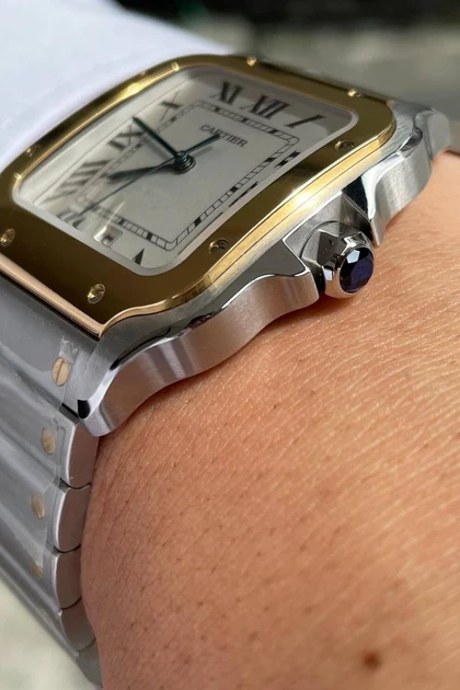 ساعت کارتیر سانتوس فلزی مردانه دورنگ طلایی صفحه سفید Cartier Santos metal