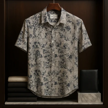 پیراهن مردانه آستین کوتاه پرمیوم با یقه کلاسیک، طرح انتزاعی سنگی بژ و سرمه ای تیره – استایل لوکس