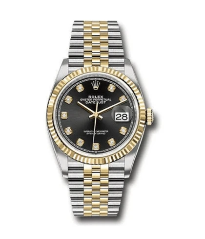 ساعت رولکس دیت جاست مردانه دورنگ طلایی صفحه مشکی ایندکس نگین Rolex Datejust