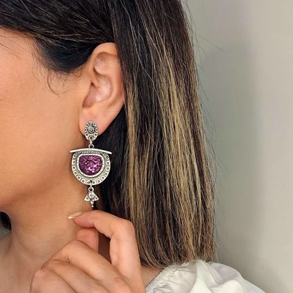 گوشواره ورشو طرح بوهو با نگین دروزی بنفش