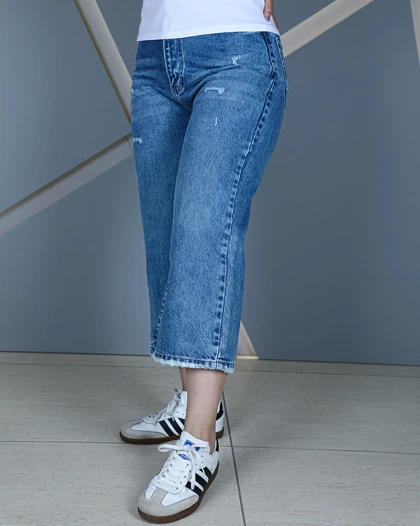 شلوار جین واید لگ آبی متوسط زنانه قد 84 سایز 36 تا 46 Wide Leg Medium Blue Jeans کد 90600