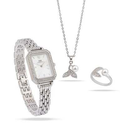 ست زنانه ساعت و گردنبند و انگشتر مدل مروارید -نقره ای ویژه