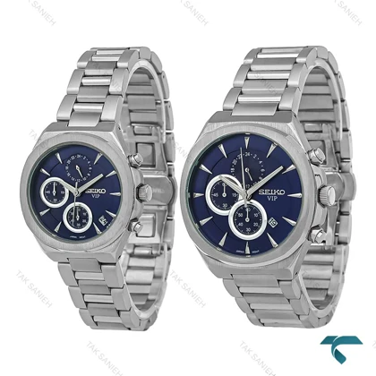 ساعت ست سیکو VIP سه موتوره استیل صفحه سرمه ای Seiko-8819-S