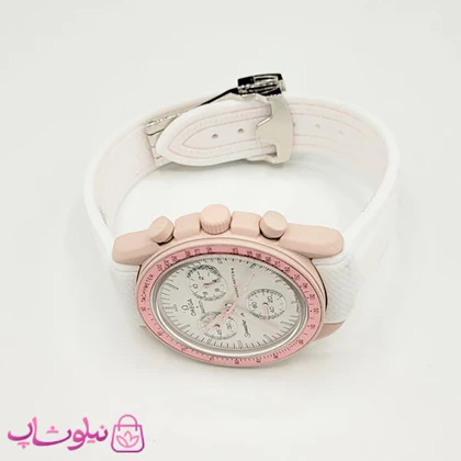 ساعت امگا سواچ moonswatch با بند رابر زنانه رنگ صورتی سفید کیفیت مستر کد 3750