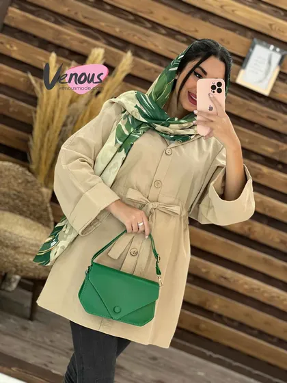 مانتو لینن کمرگت دکمه چوبی