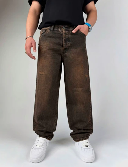 شلوار جین نیم بگ ذغالی حنایی مردانه پارچه کجراه با قد 110 جدید مدل 2026