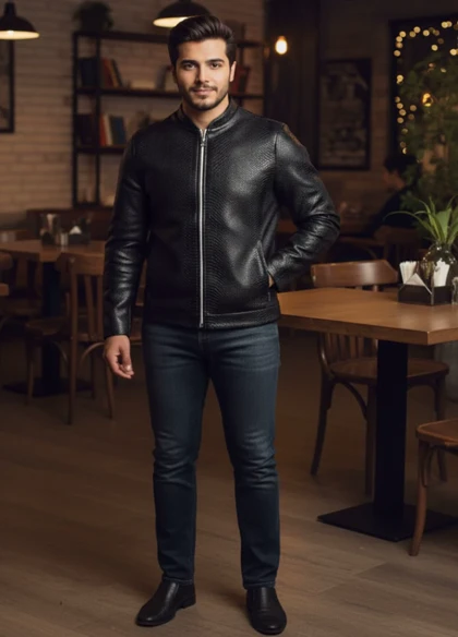 کاپشن چرم طرح پوست مار ساده مردانه مدل Yasan ویژه