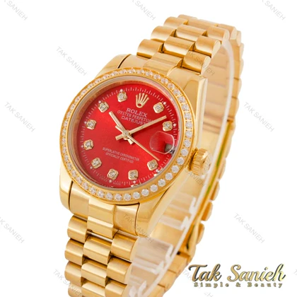 ساعت رولکس زنانه بند پرزیدنت طلایی صفحه قرمز دورنگین Rolex-4962-L