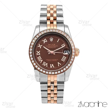 ساعت رولکس دیت جاست زنانه صفحه قهوه ای ایندکس یونانی دور نگین 106299