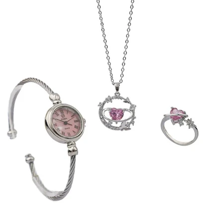 ست زنانه ساعت و گردنبند و انگشتر مدل ماه و ستاره-نقره ای ویژه