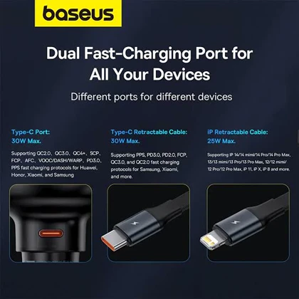 شارژر فندکی باسئوس 60 وات مدل car charger u با کابل جمع‌شونده