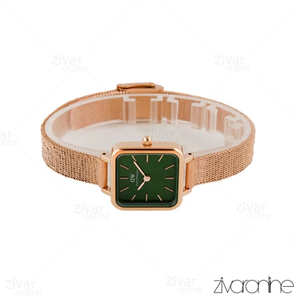 ساعت دنیل ولینگتون زنانه مربعی بند حصیری رزگلد صفحه سبز 104806