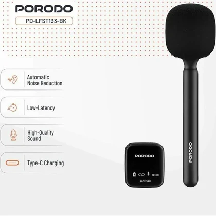 میکروفون بی‌سیم دستی پورودو Porodo PDLFST133BK با اتصال همزمان دو دستگاه