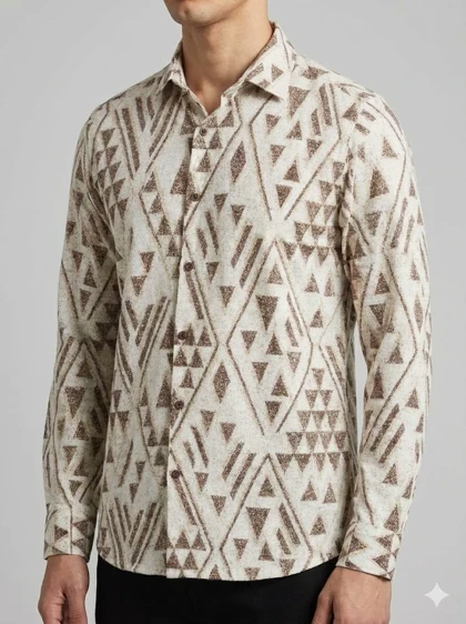 پیراهن کنفی مردانه آستین بلند طرحدار کرم موکا801