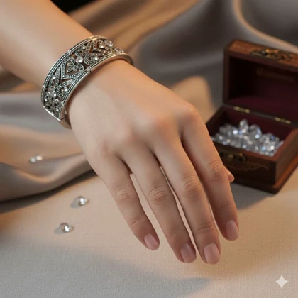 دستبند النگویی پهن طرح مشبک نگین‌دار (سبک وینتیج/مارکازیت)