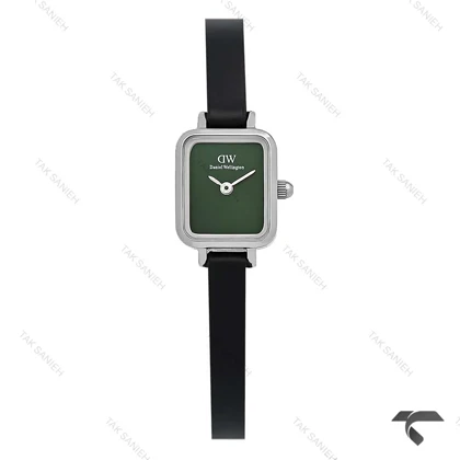ساعت DW مستطیلی مینی سیلور صفحه سبز مهندسی بند چرمی DW-10708-L