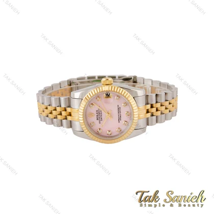 ساعت رولکس زنانه دو رنگ طلایی صفحه صورتی ایندکس نگین Rolex-5027-M-L