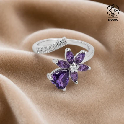 انگشتر استیل گل‌دار طرح قلب رنگ بنفش نقره ای کد 407074014